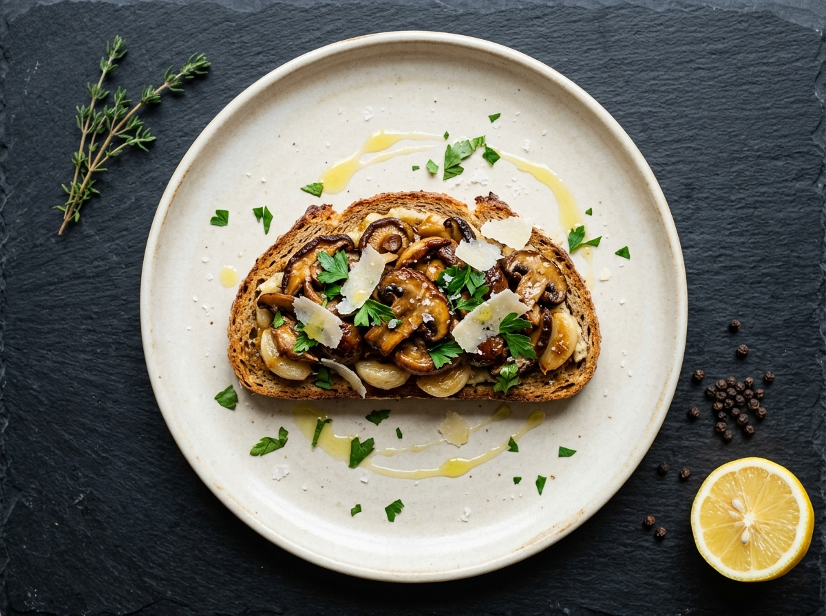 Thick-cut spelt toast topped with roasted chestnut and shiitake mushrooms, soft garlic, and fresh parsley on a cream plate.