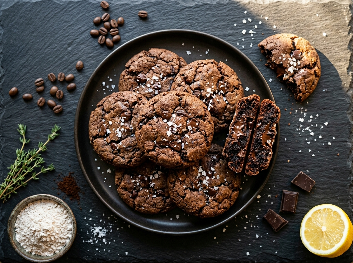 Spelt chocolate espresso cookies stacked on dark slate with fudgy interior visible and flaky sea salt on top