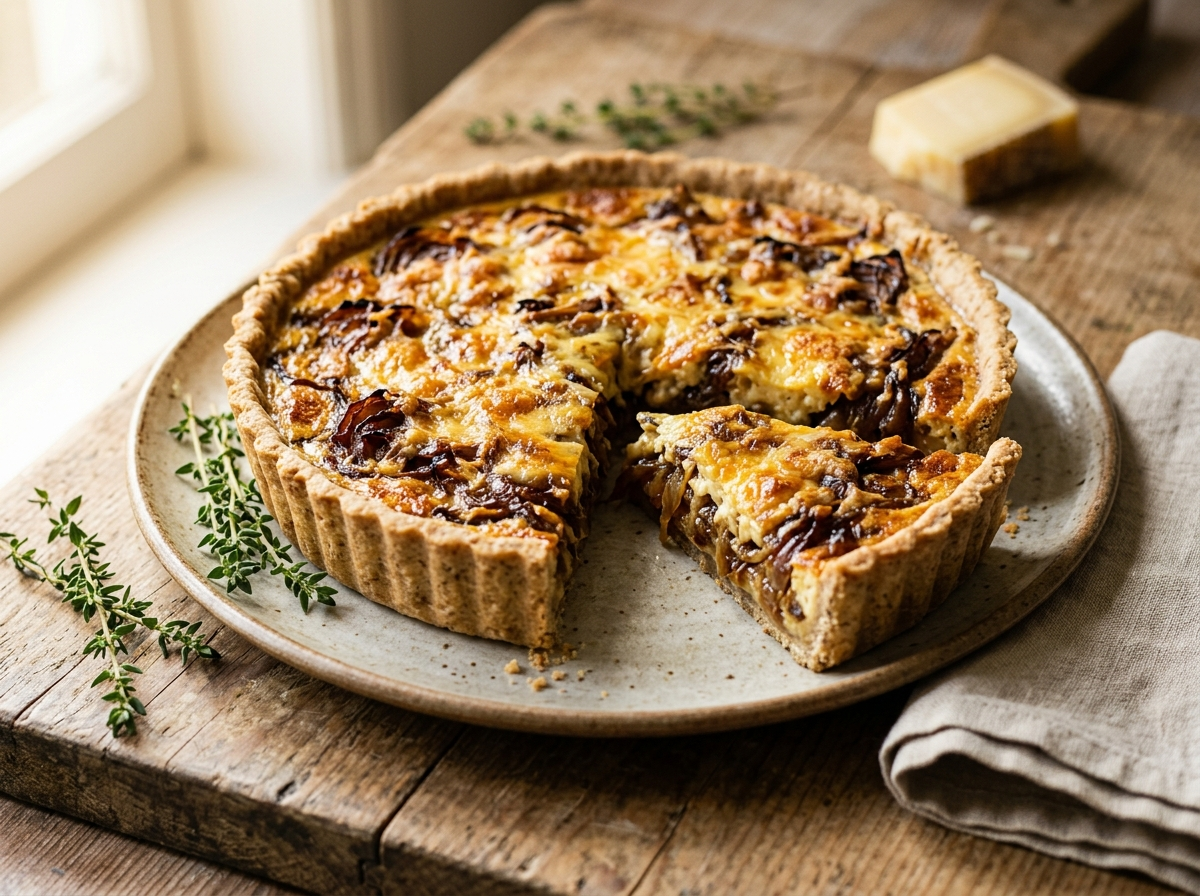 Spelt onion and Gruyère tart with one slice cut, showing golden custard filling and caramelised onion layers.