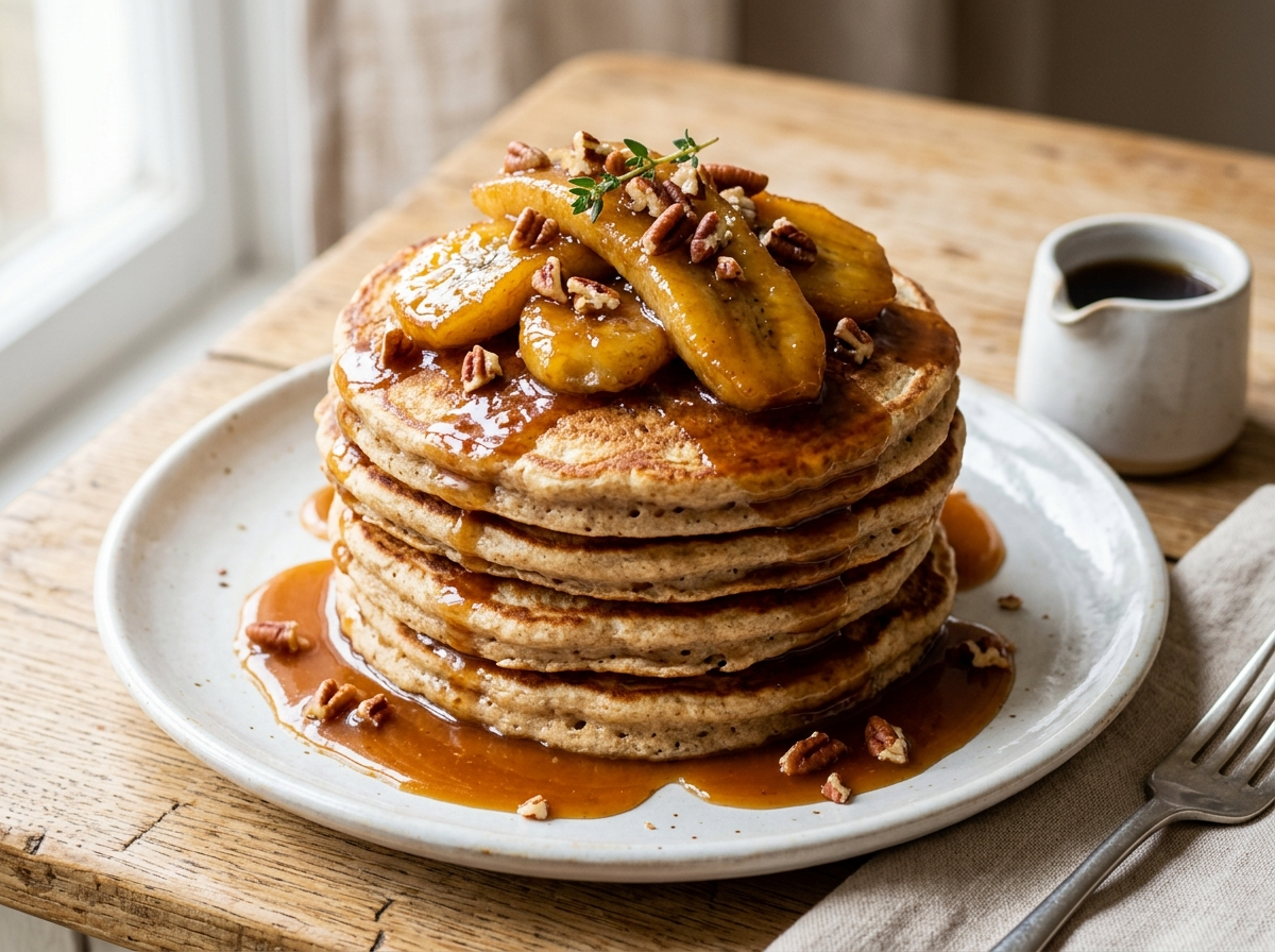 Stack of golden spelt pancakes topped with caramelised banana slices and amber pan sauce on a white plate