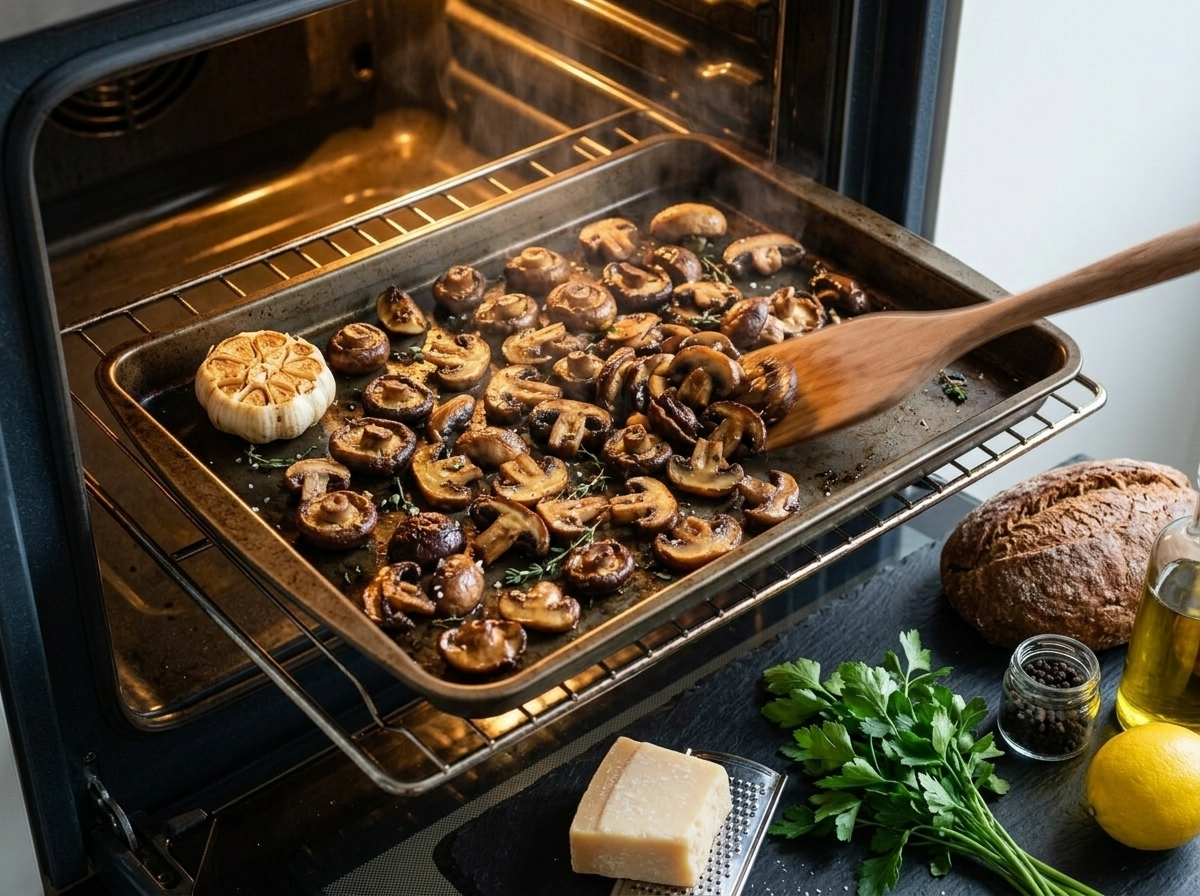 Sheet pan of roasted chestnut and shiitake mushrooms with a whole garlic head, golden edges, and fresh thyme in a hot oven.