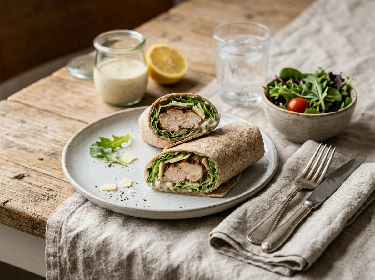Spelt chicken Caesar wrap served on a white plate with a jar of homemade Caesar dressing alongside