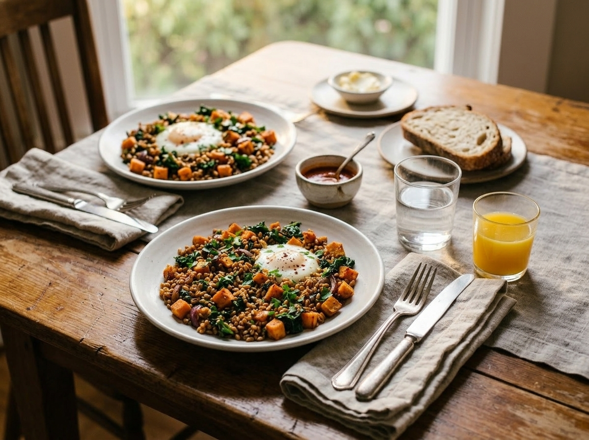 Two plates of spelt sweet potato breakfast hash with a runny egg on top, served on a linen-covered table with hot sauce.