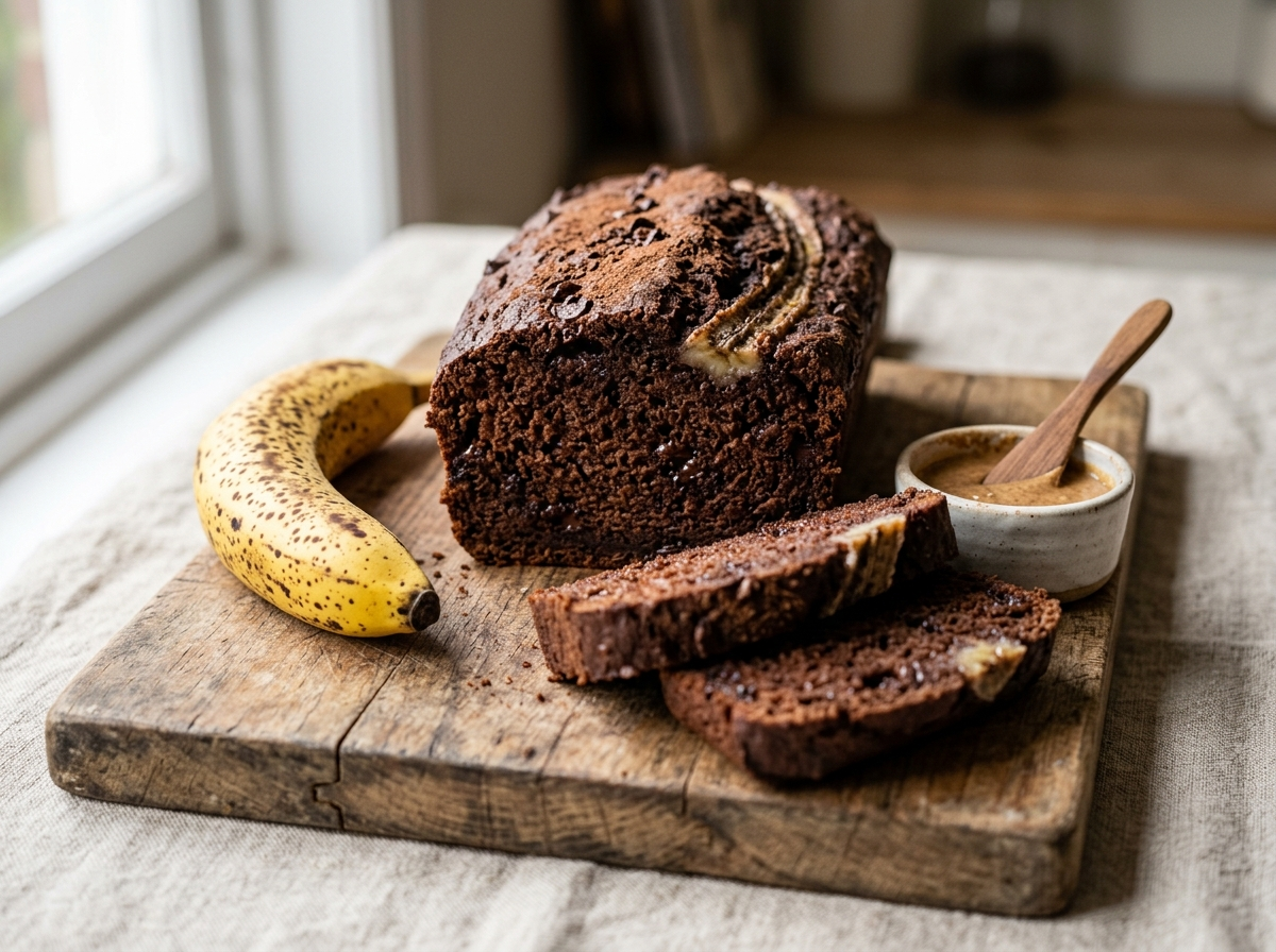 Sliced spelt chocolate banana breakfast loaf on a wooden board showing moist dark cocoa crumb and ripe banana beside it