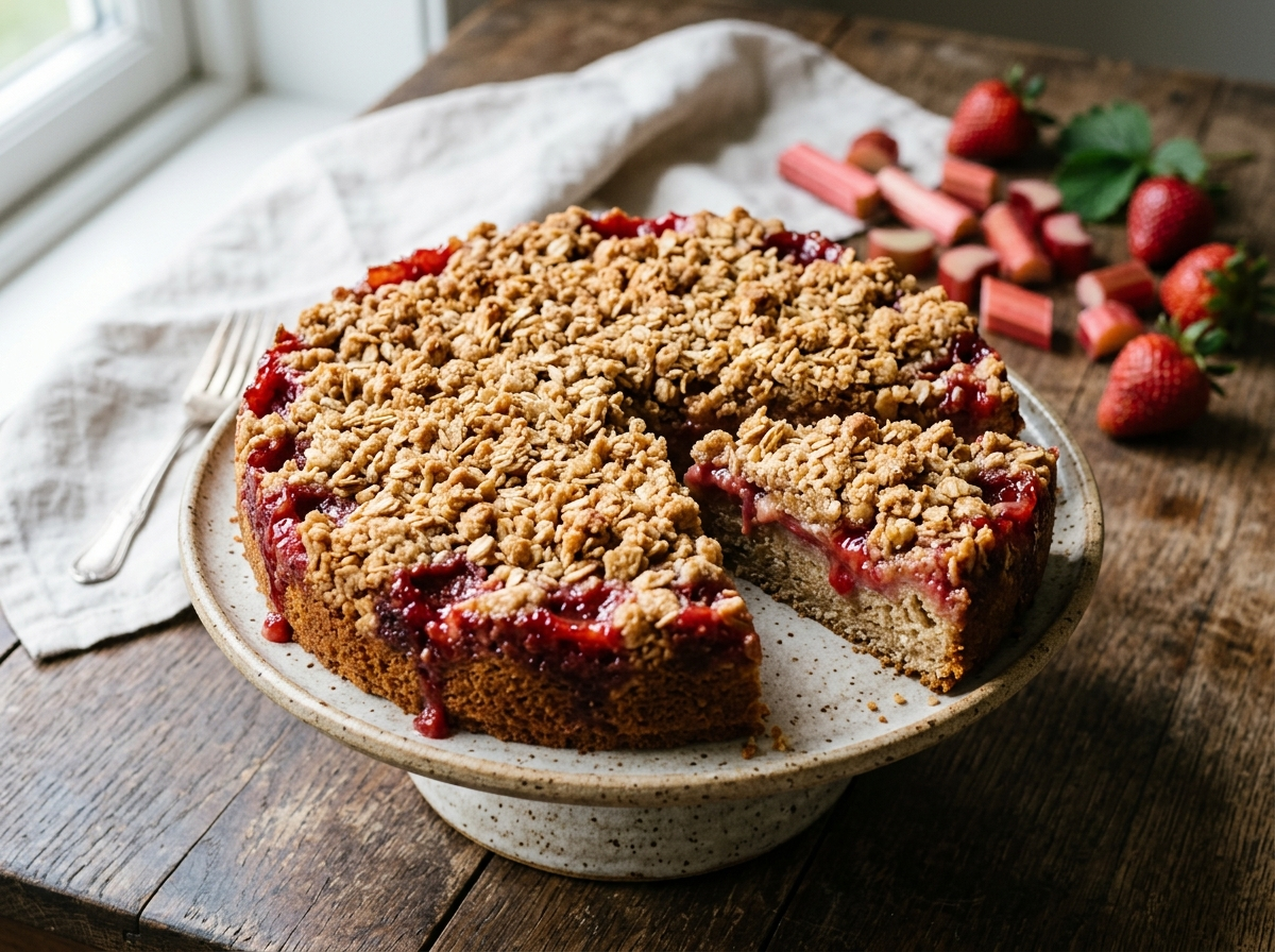 Whole spelt strawberry rhubarb crumble cake on a ceramic stand with golden oat topping and jammy fruit filling visible at the edges