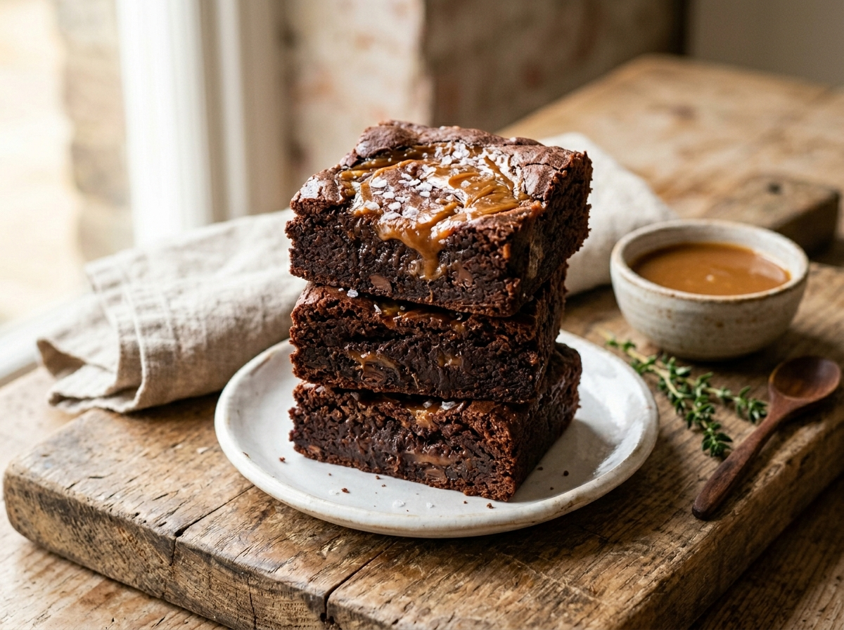 Stack of spelt salted caramel brownies with glossy caramel swirl and flaked sea salt on a white ceramic plate