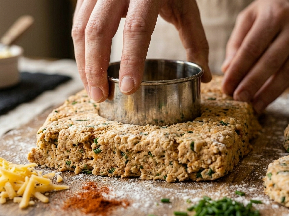 Hands cutting rounds from wholegrain spelt cheese biscuit dough on a floured wooden board