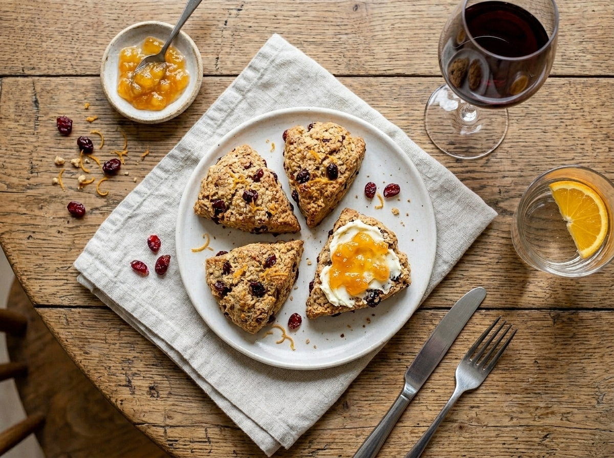 Two spelt cranberry scones on a white plate with cream cheese and marmalade next to a mug of black coffee