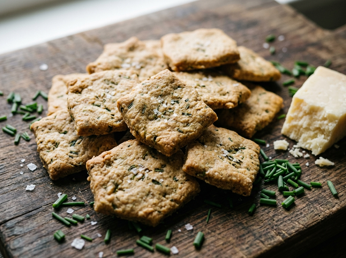 Crisp spelt cream cheese and chive crackers stacked on a wooden board with aged cheddar and fresh chives
