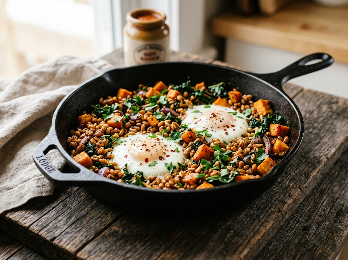 Spelt sweet potato breakfast hash in a cast iron skillet with crispy spelt grains, orange sweet potato, and two eggs.