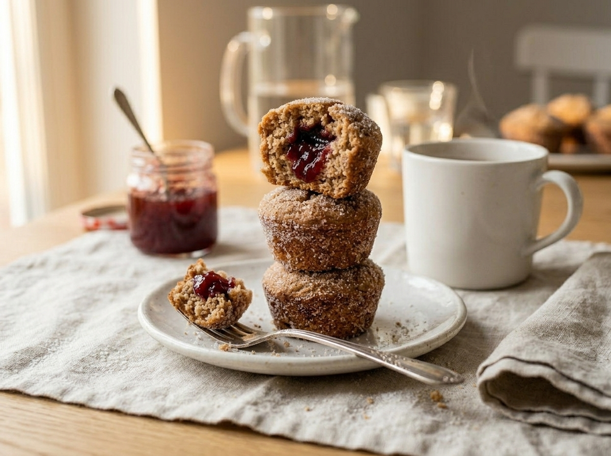 Three spelt jam doughnut muffins on a white plate beside a mug of tea and a jar of strawberry jam