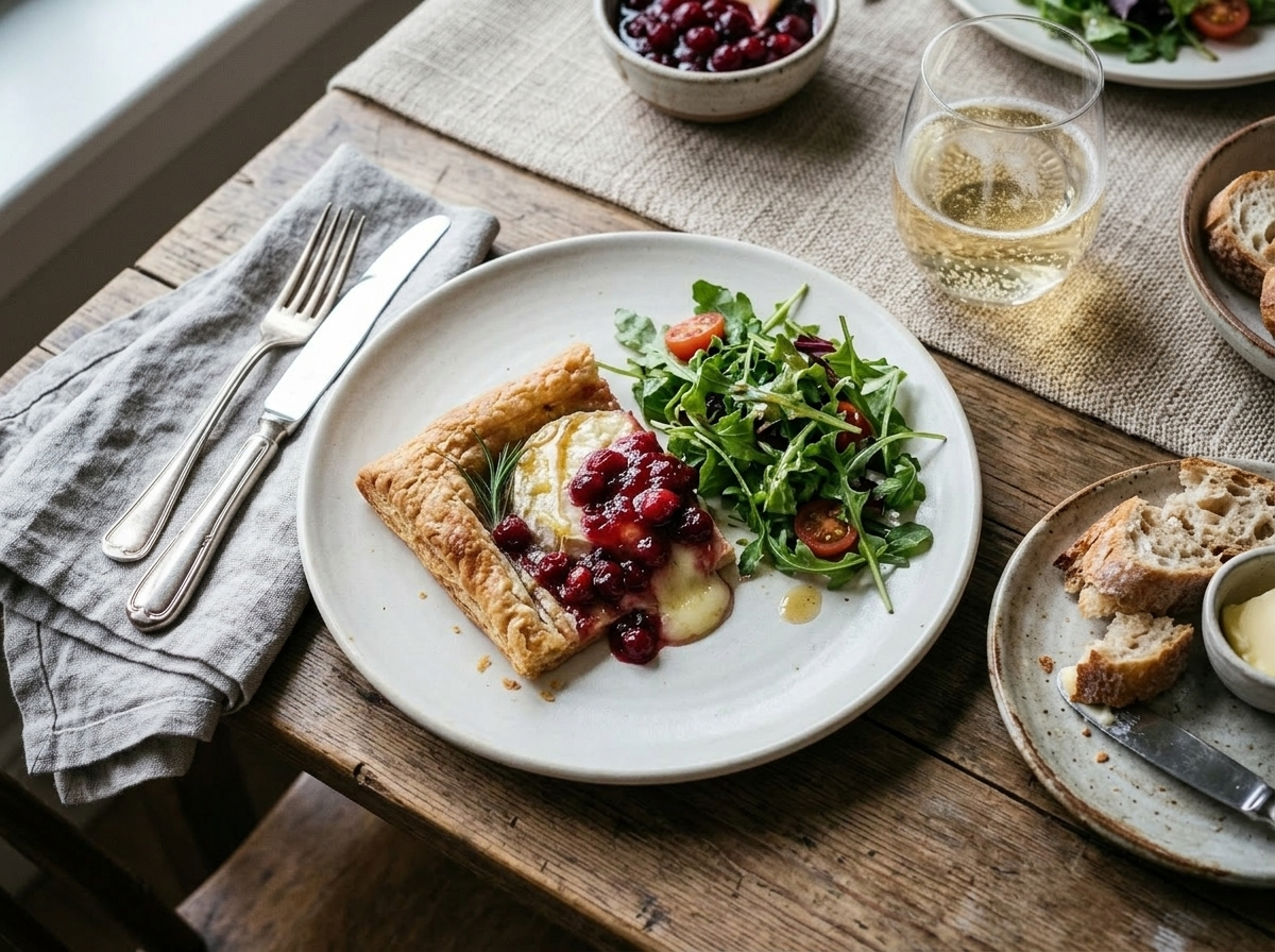 Slice of spelt cranberry brie puff tart on a white plate with green salad and a glass of sparkling wine