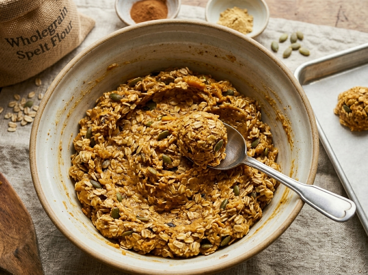 Pumpkin spice spelt cookie dough being scooped into portions on a parchment-lined baking sheet