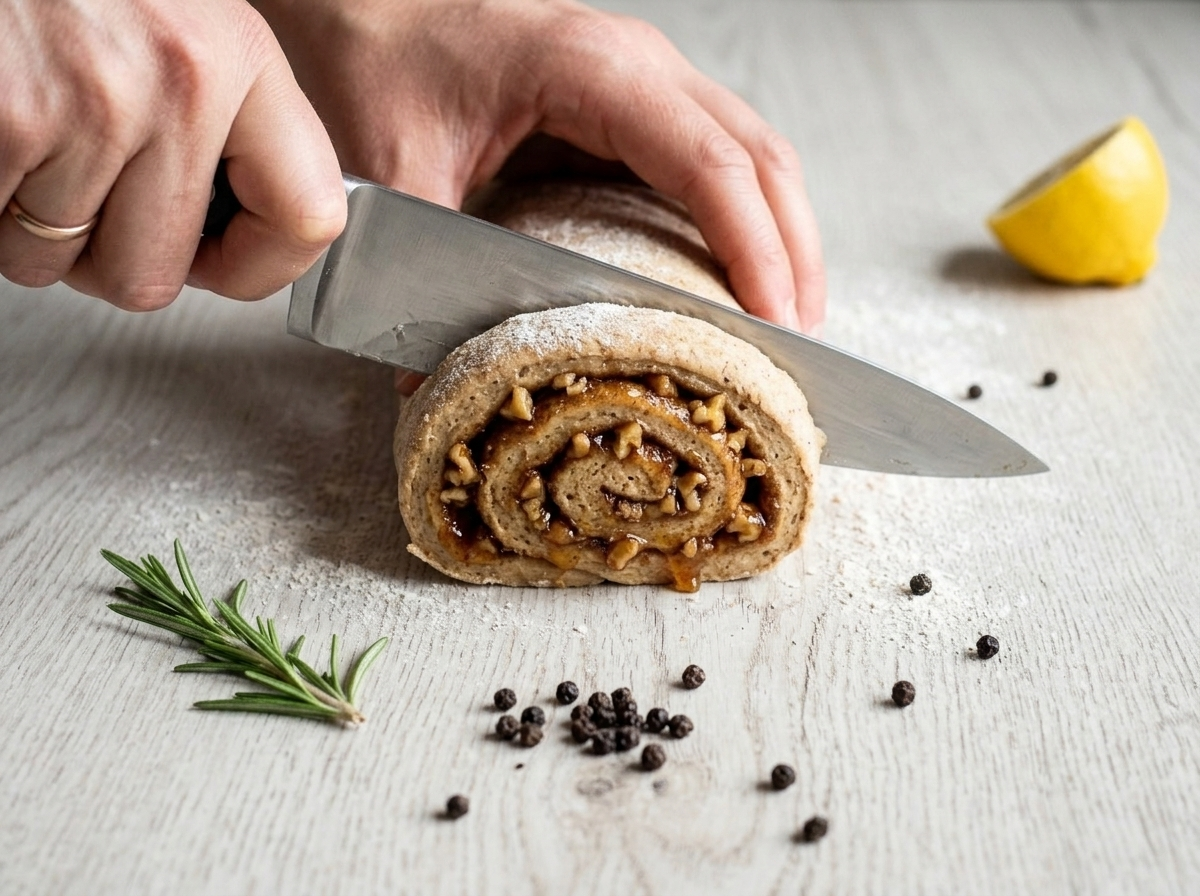 Slicing spelt maple walnut roll dough log on floured board, walnut-cinnamon filling visible in the swirl