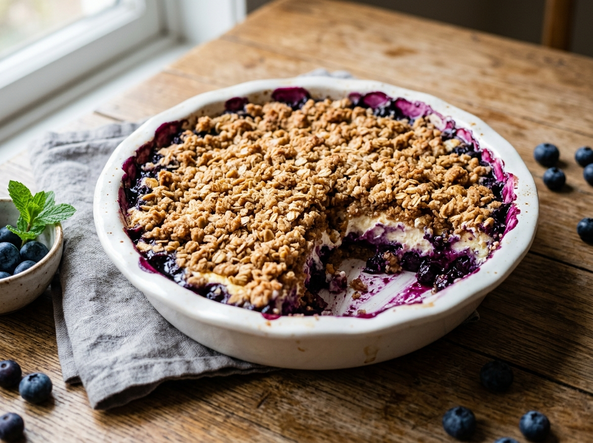 Spelt blueberry cheesecake crumble in a white ceramic dish with golden crumble top and bubbling blueberry edges