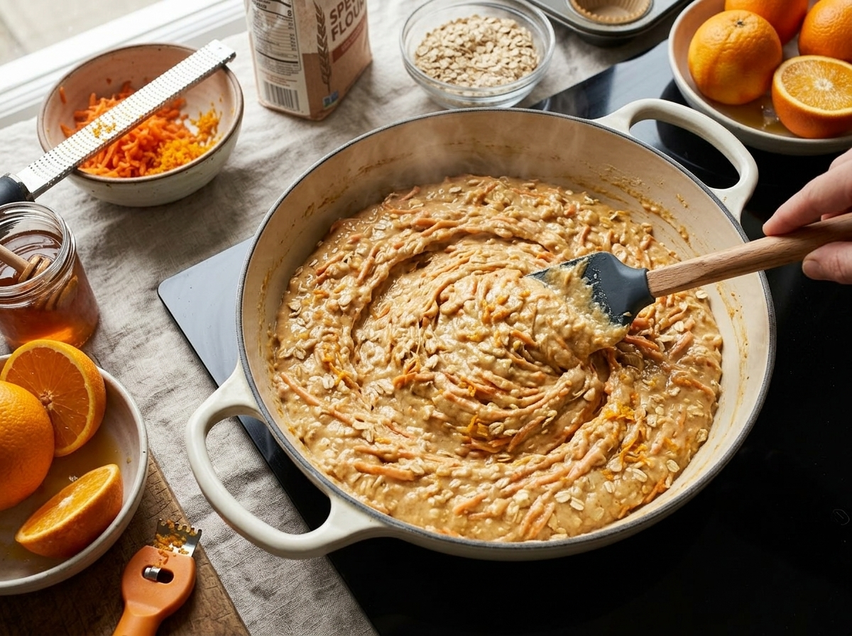 Spelt muffin batter being folded in a ceramic bowl showing grated carrot and orange zest throughout