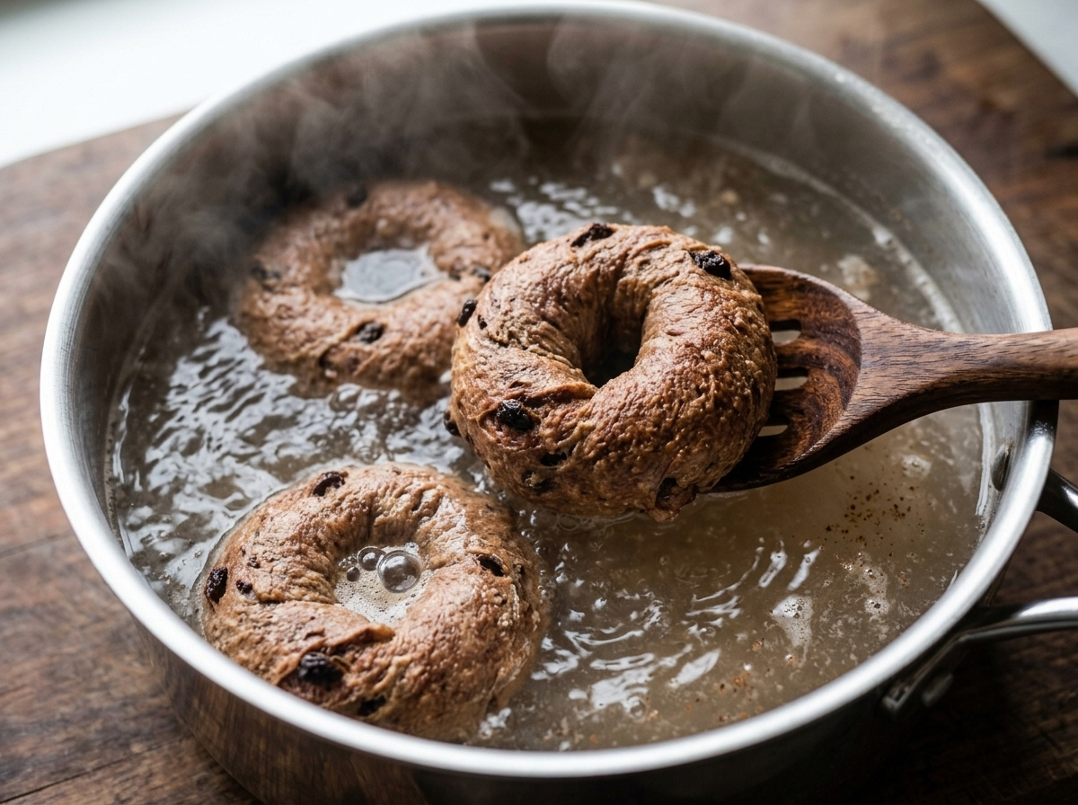 Three spelt cinnamon raisin bagels boiling in a wide saucepan, slotted spoon lifting one from the water
