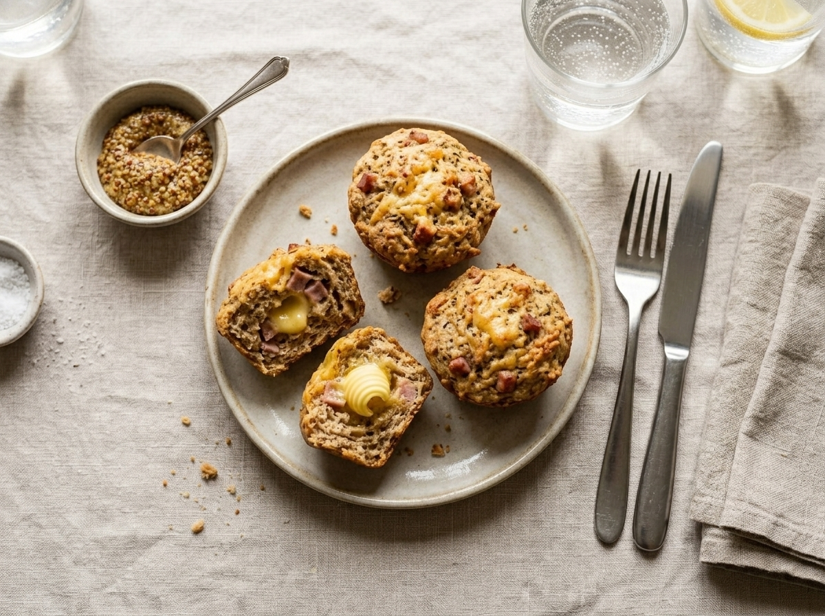 Two spelt savoury muffins on a ceramic plate with one split open and butter melting into the crumb, mustard on the side.