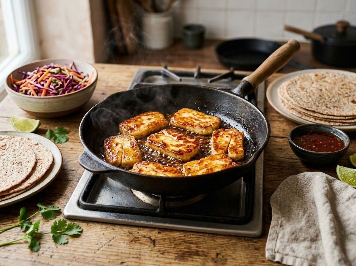 Halloumi slices frying in sweet chilli sauce in a cast-iron skillet, golden crust forming on each slice