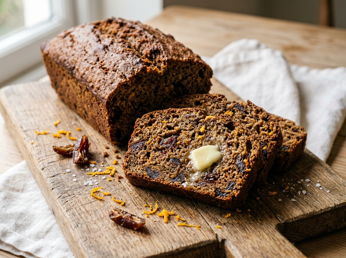 Sliced spelt date and orange tea loaf on a wooden board showing moist dark crumb with date pieces and orange zest