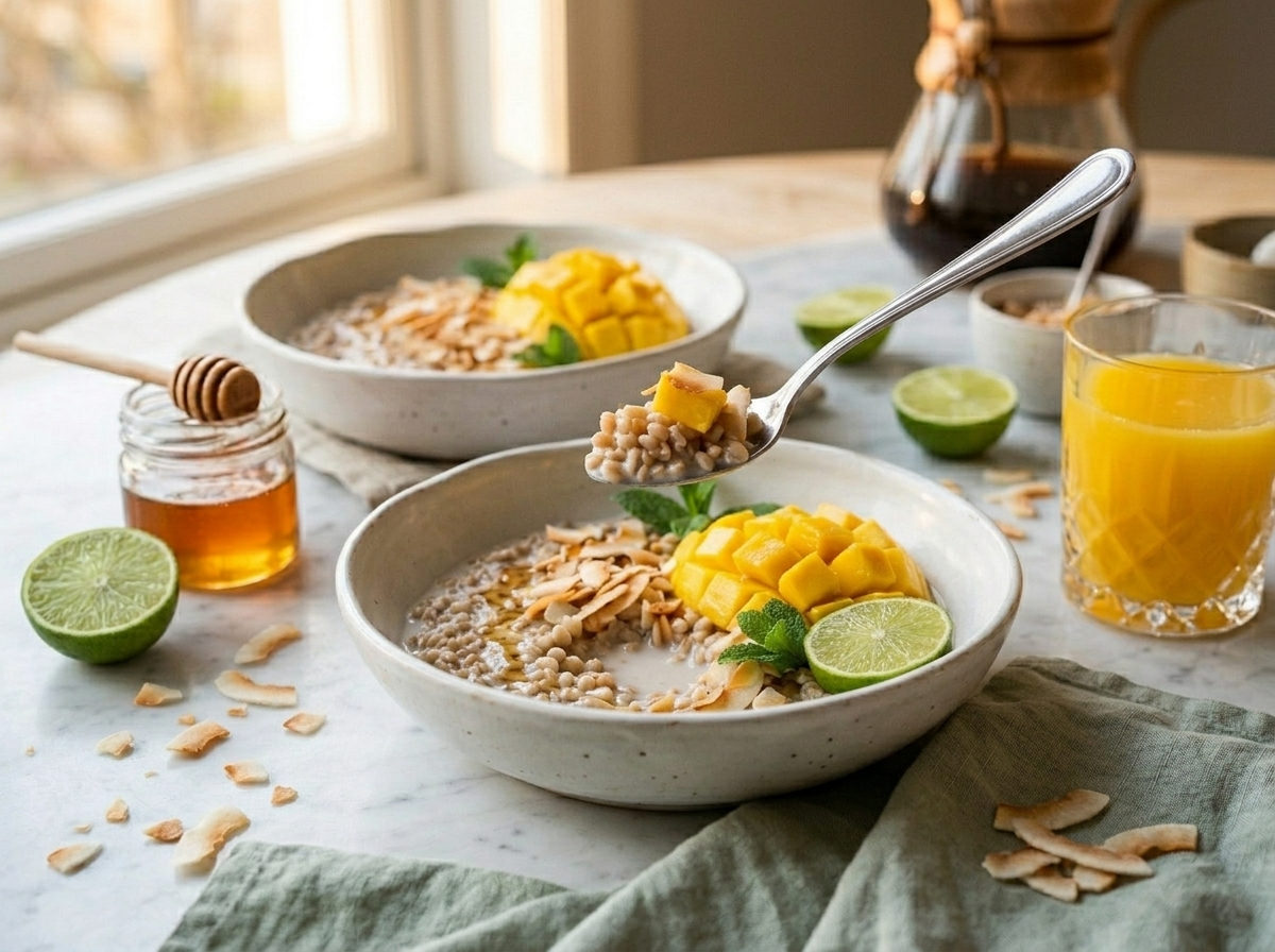 Two spelt mango coconut breakfast bowls on marble with honey jar, lime, and linen napkin in morning light