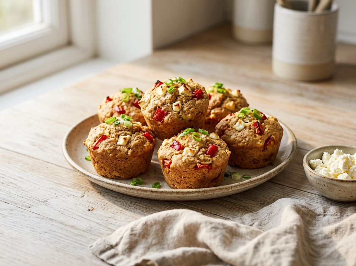 Six golden spelt roasted pepper and feta muffins on a wooden board with visible red pepper and feta on top