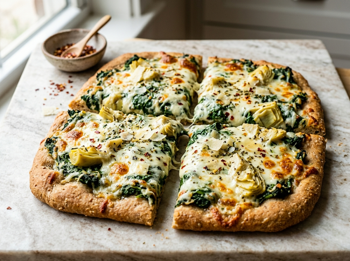 Spelt spinach artichoke flatbread cut into four portions on marble, showing golden crust and melted mozzarella topping