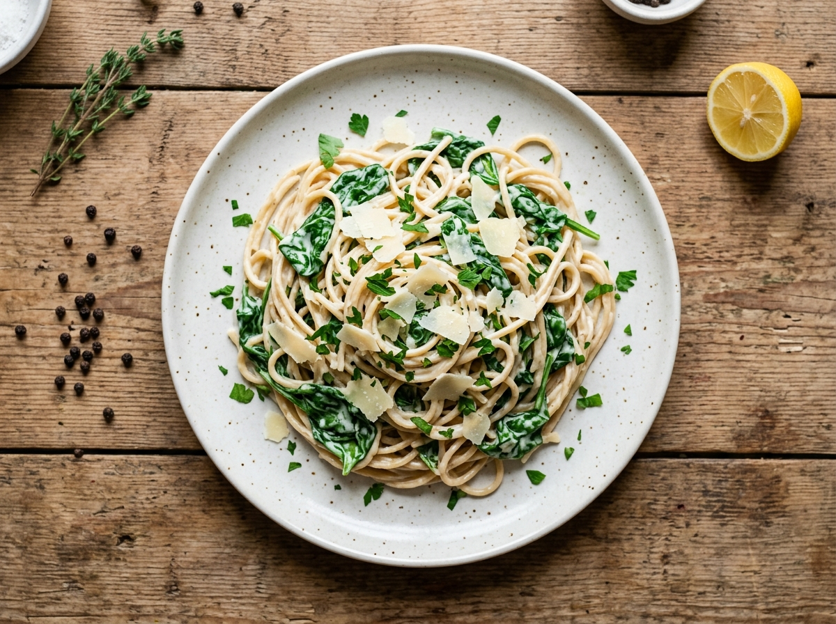Bowl of spelt spaghetti in creamy garlic sauce with wilted spinach and shaved Parmesan on a wooden table