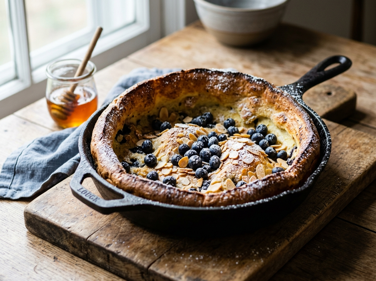 Spelt Dutch baby in cast iron skillet with puffed golden edges, scattered blueberries and toasted almond flakes, dusted with powdered sugar