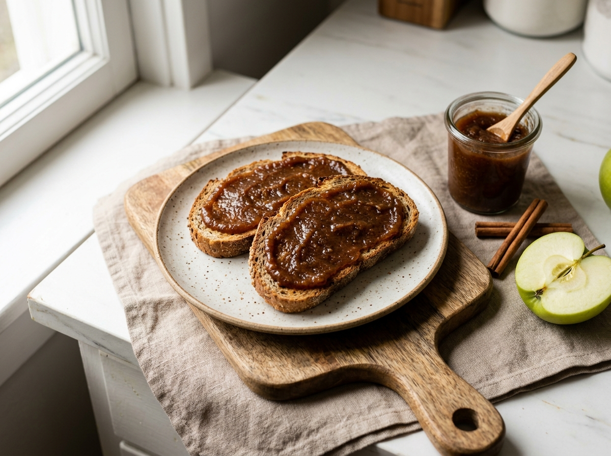Two slices of wholegrain spelt toast spread with thick cinnamon apple butter on a wooden board with a jar of apple butter alongside.