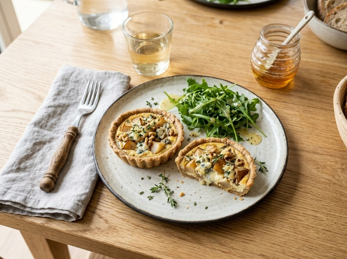 Two spelt blue cheese and pear tartlets on a ceramic plate with rocket salad, white wine glass, and linen napkin