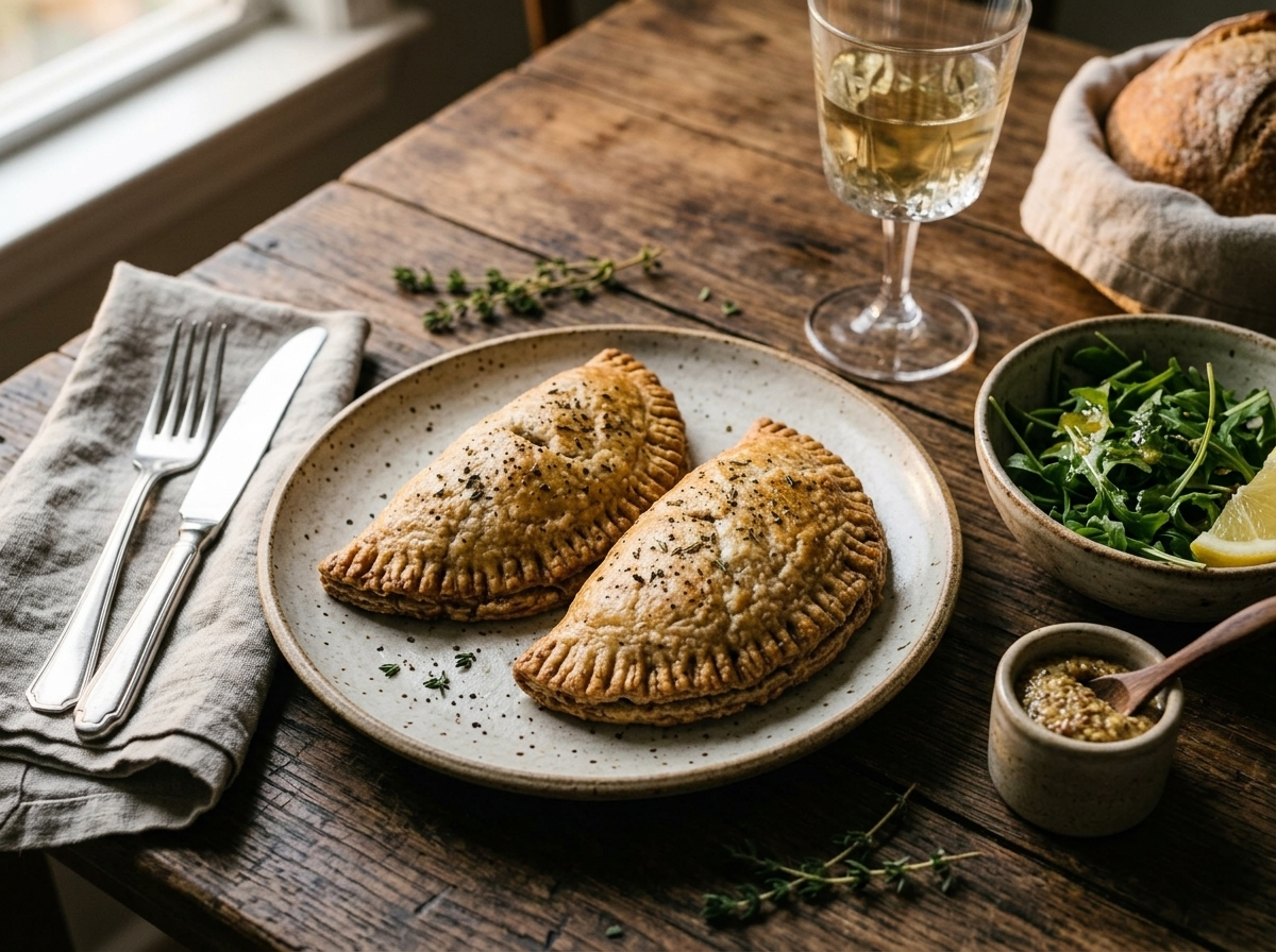 Two baked spelt hand pies on a ceramic plate with green salad and mustard dipping pot