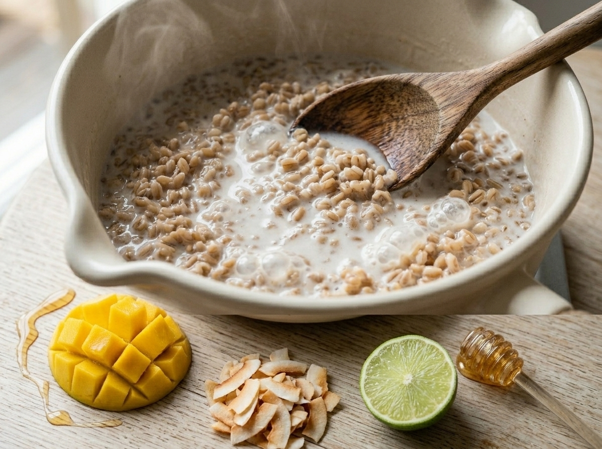 Whole spelt berries simmering in full-fat coconut milk in a saucepan, stirred with a wooden spoon