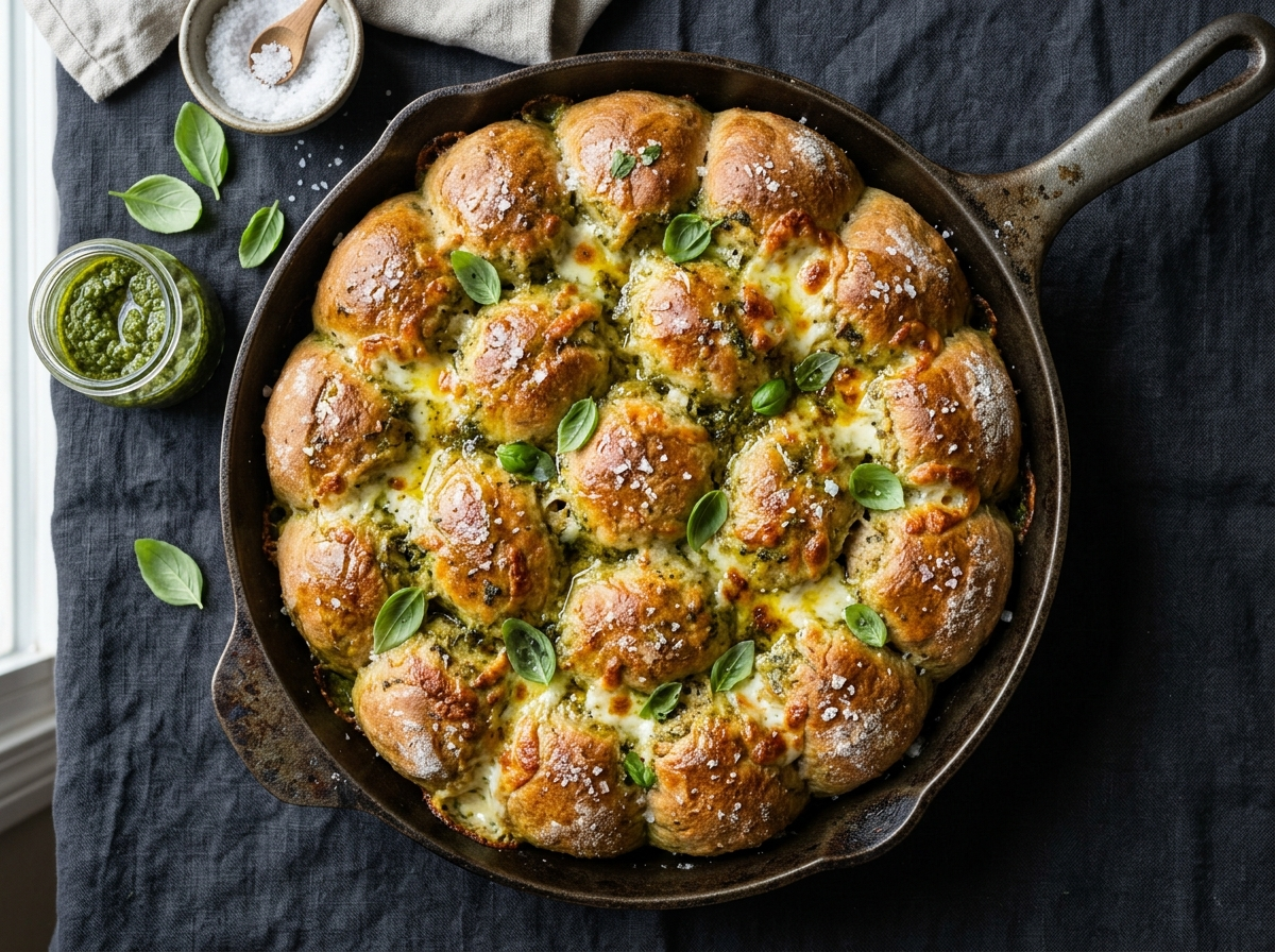 Golden spelt pull-apart bread in a cast iron skillet with basil pesto and melted mozzarella between rolls
