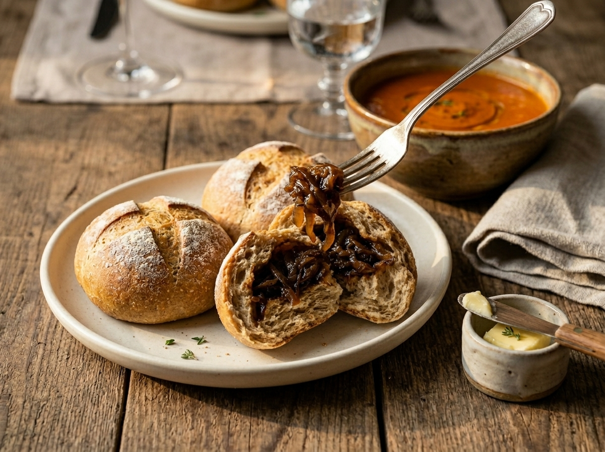 Split spelt caramelised onion roll on a white plate beside roasted tomato soup with butter and linen napkin