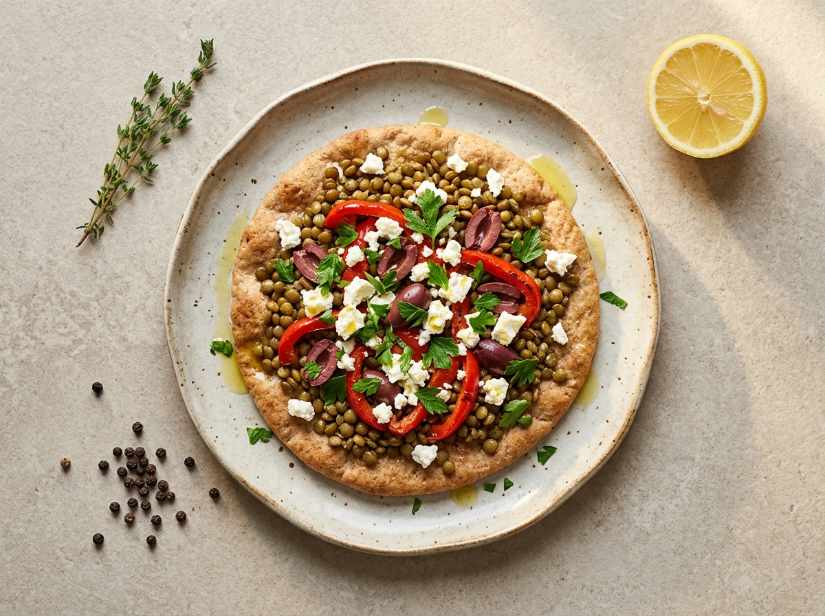 Four spelt wholegrain flatbreads topped with spiced green lentils, crumbled feta, roasted red peppers, and olives on a wooden board