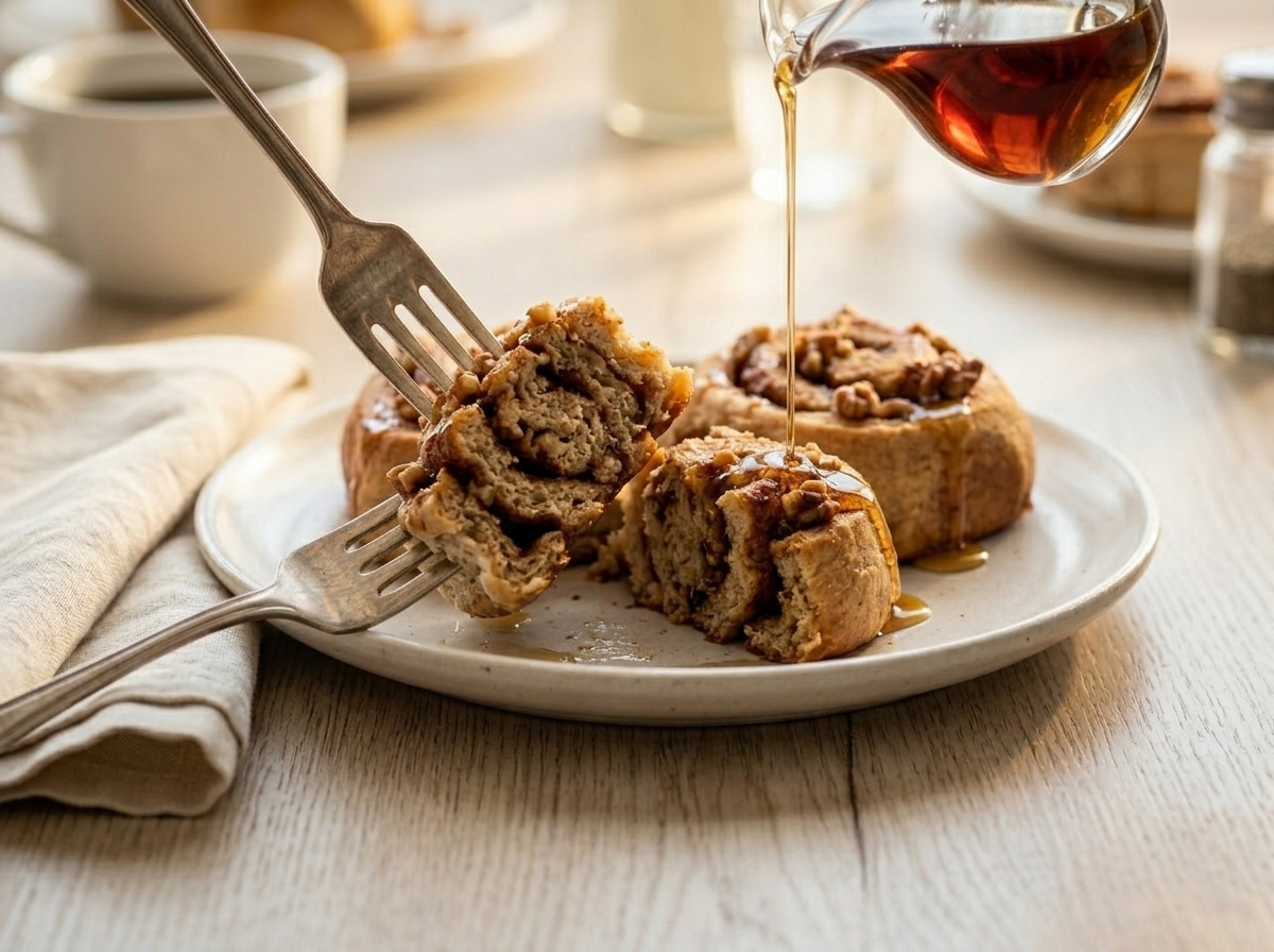 Two spelt maple walnut rolls on a ceramic plate, one torn open to show cinnamon walnut swirl inside