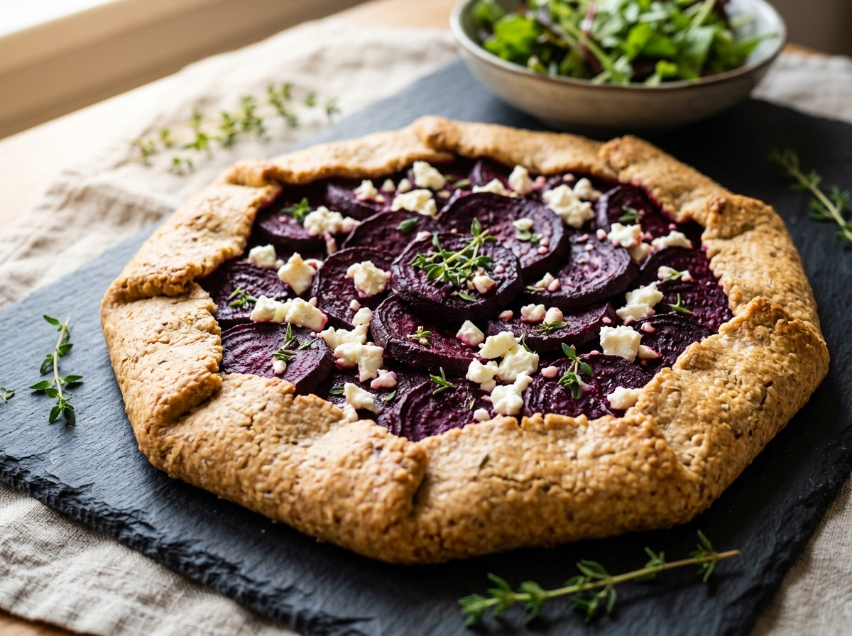 Rustic spelt galette with roasted beetroot slices and crumbled feta on a dark slate board