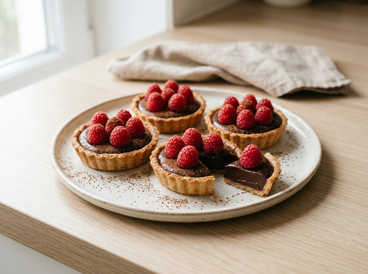 Four spelt chocolate raspberry tartlets on marble, dark ganache filling topped with fresh raspberries and cocoa dusting