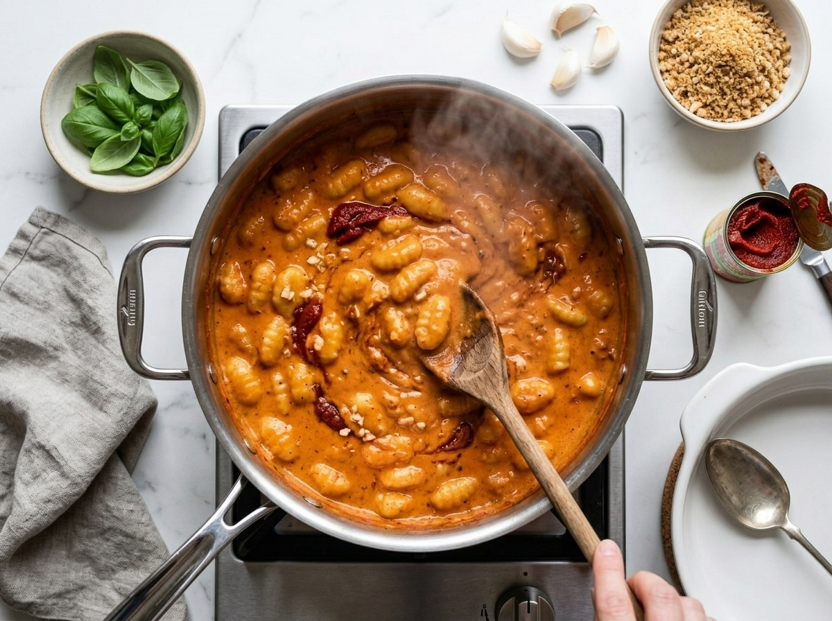 Tomato cream sauce with garlic and tomato paste being stirred in a saucepan for the gnocchi bake