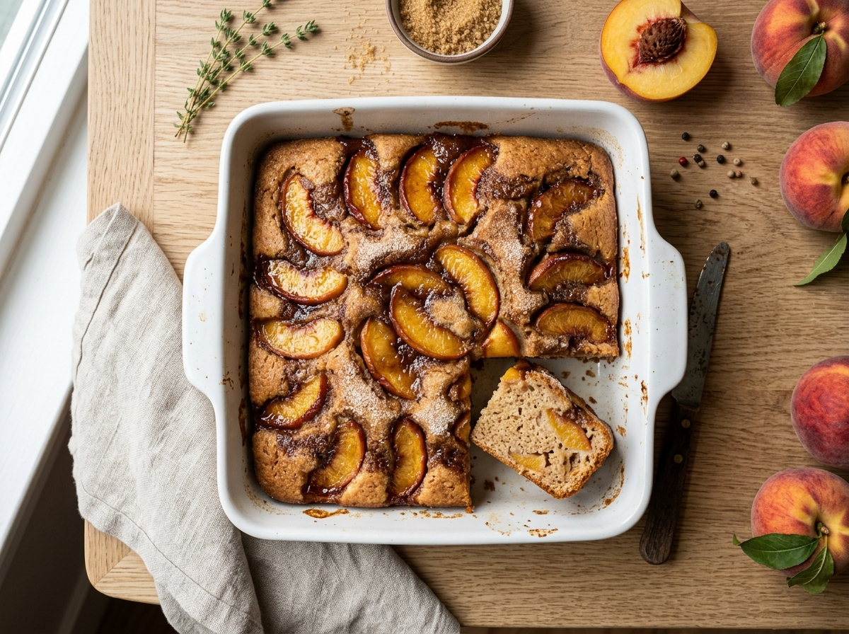 Spelt peach cobbler cake in a white ceramic dish with caramelized peach slices and brown sugar topping on a wooden board