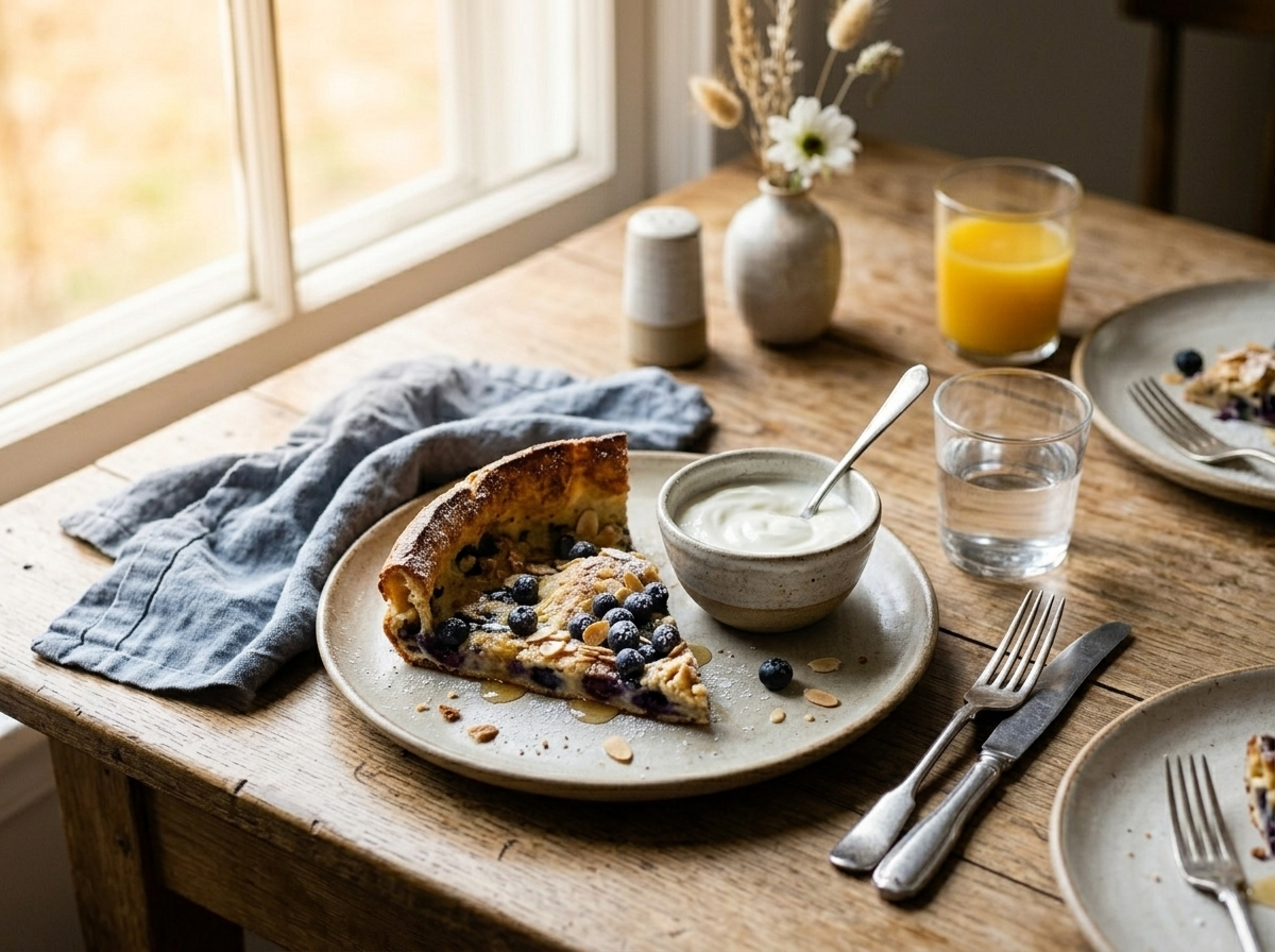 Slice of spelt blueberry almond Dutch baby on ceramic plate with honey drizzle and Greek yogurt on the side