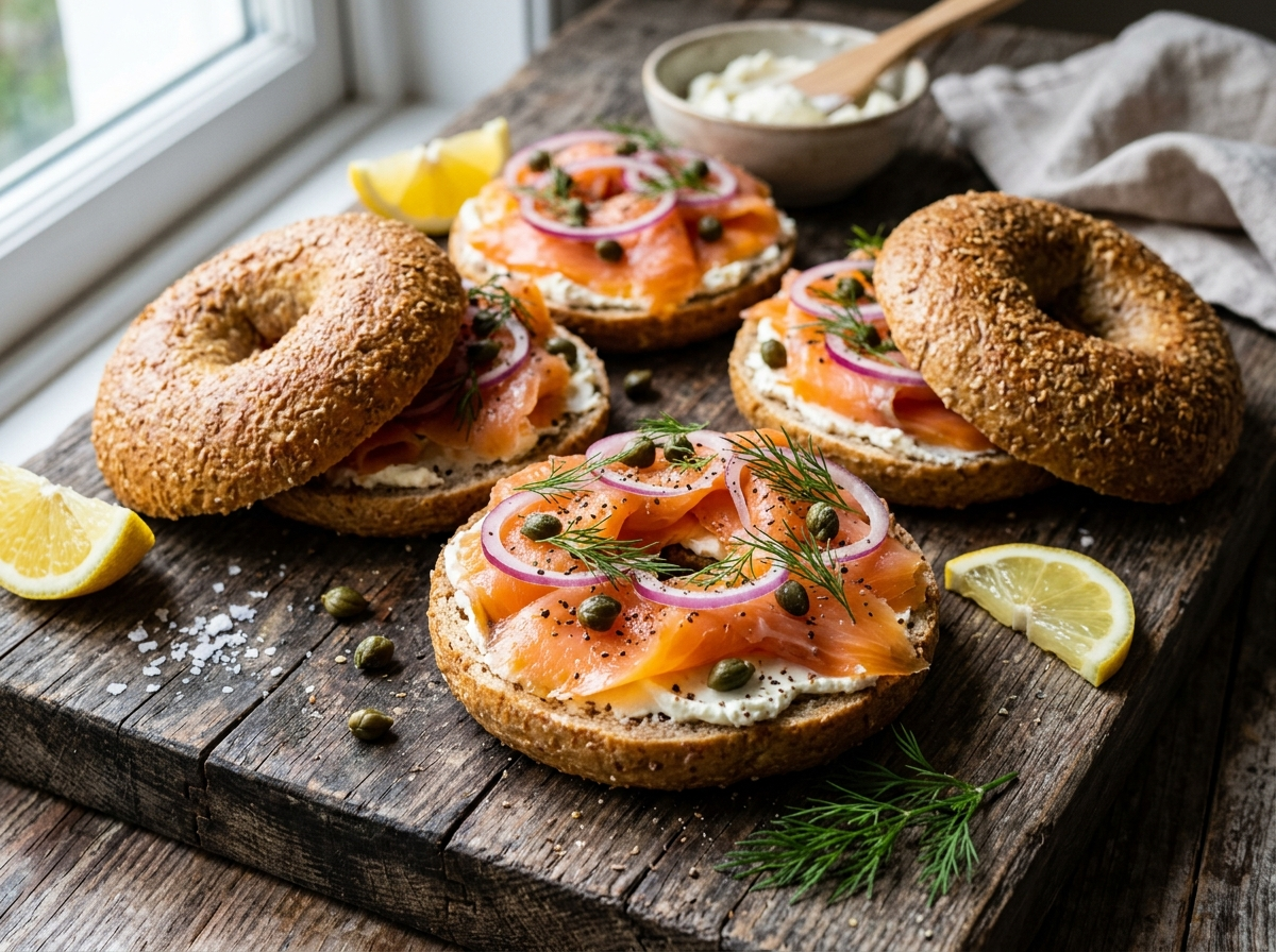 Four assembled spelt bagels topped with cream cheese, smoked salmon, capers, red onion, and dill on a wooden board