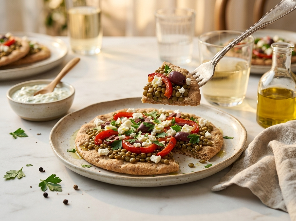 Plated spelt Mediterranean lentil flatbread with feta and roasted peppers beside a small bowl of tzatziki