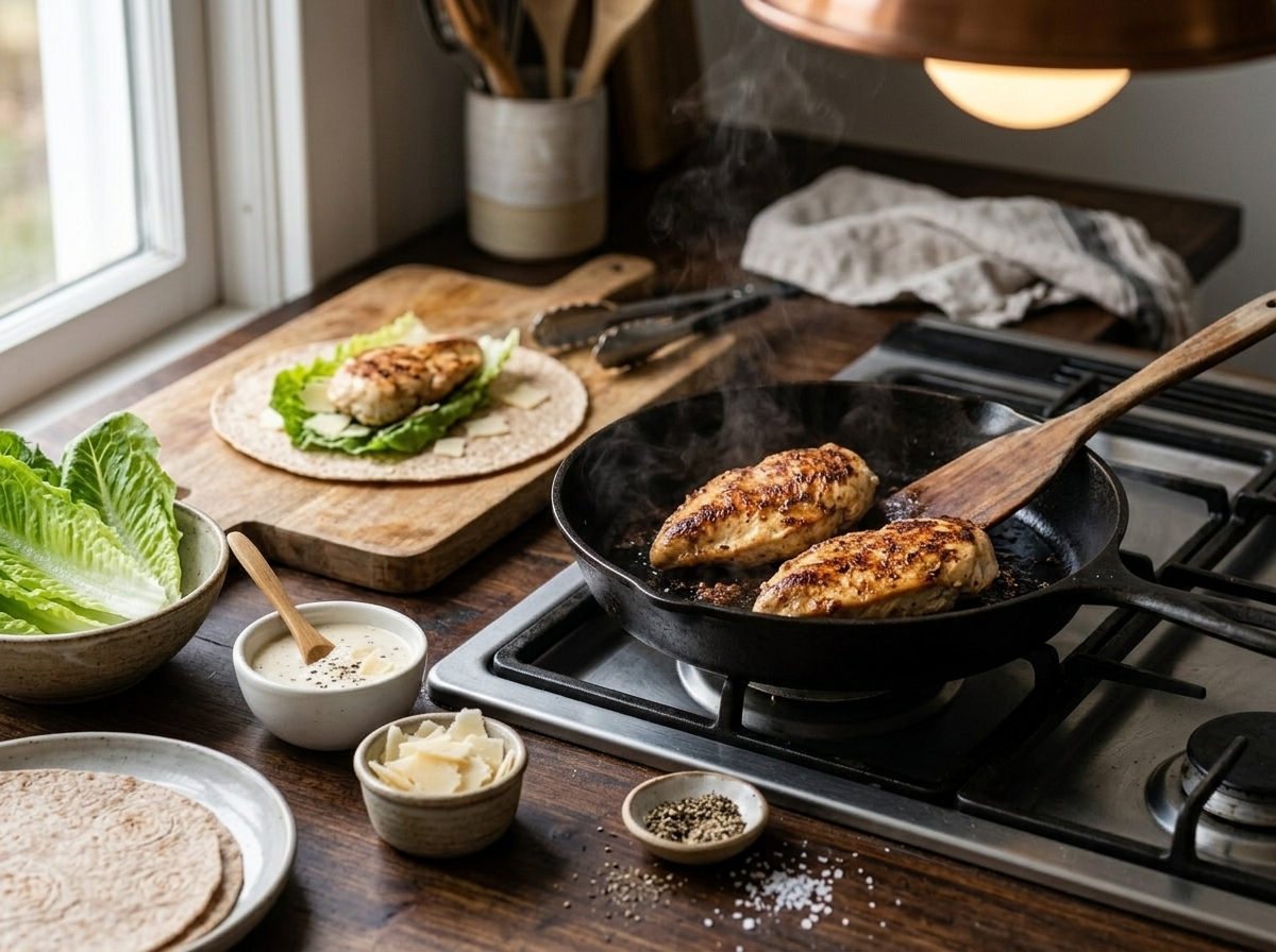 Chicken breasts searing in a cast-iron skillet with golden crust forming for spelt Caesar wraps