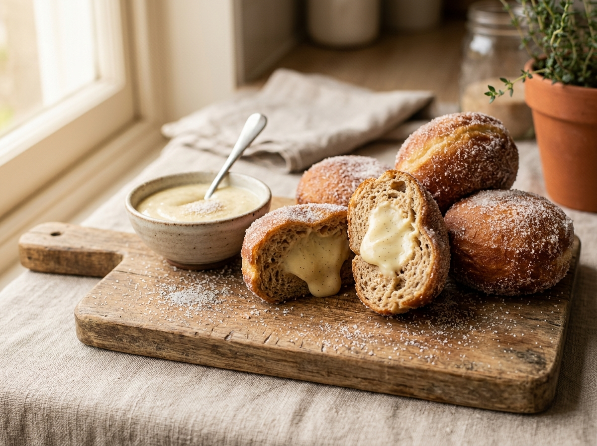 Four spelt vanilla custard doughnuts on a wooden board, one cut open showing thick vanilla custard filling with seed flecks