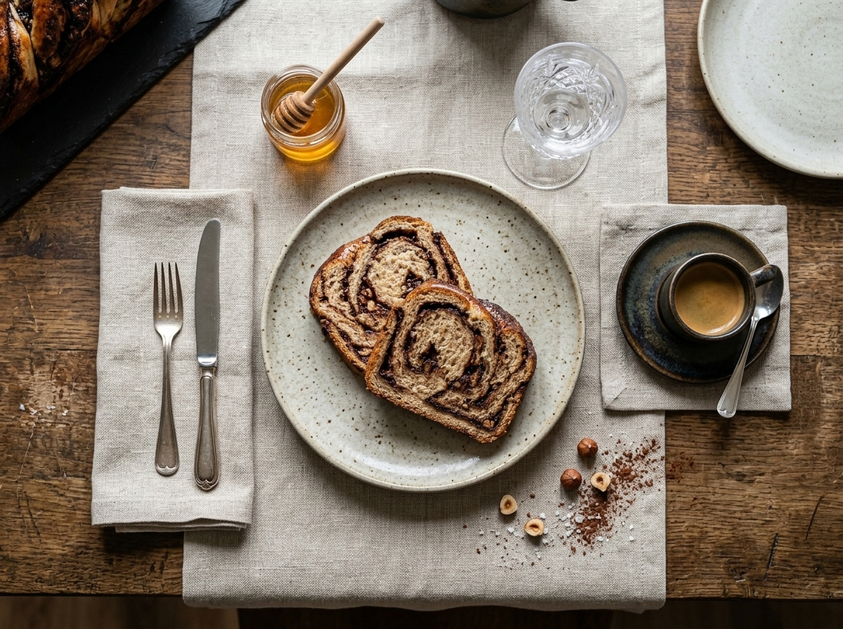 Two slices of spelt chocolate hazelnut babka on a ceramic plate next to an espresso cup and scattered hazelnuts