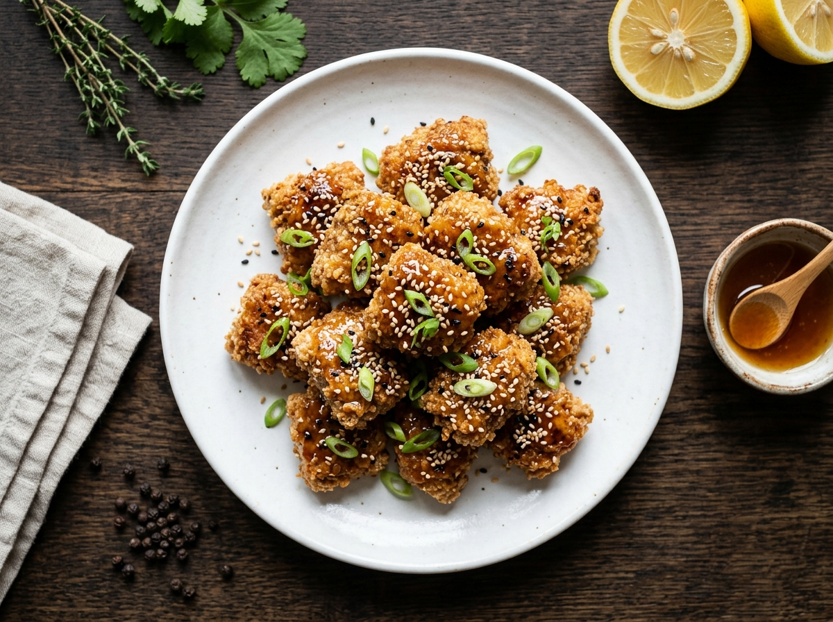 Golden spelt honey sesame chicken bites on a white plate, glazed with sticky honey-sesame sauce and scattered sesame seeds