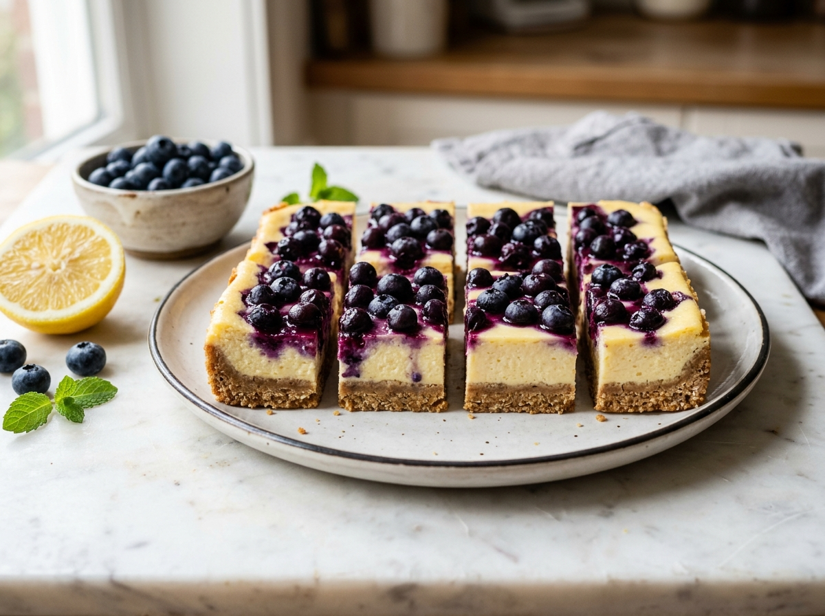 Spelt lemon blueberry cheesecake bars on marble with golden spelt crust and cream cheese filling topped with fresh blueberries
