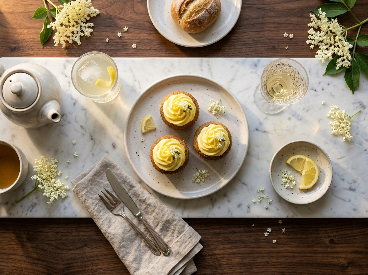 Three spelt lemon elderflower cupcakes on a ceramic plate beside a pot of tea and elderflower presse.